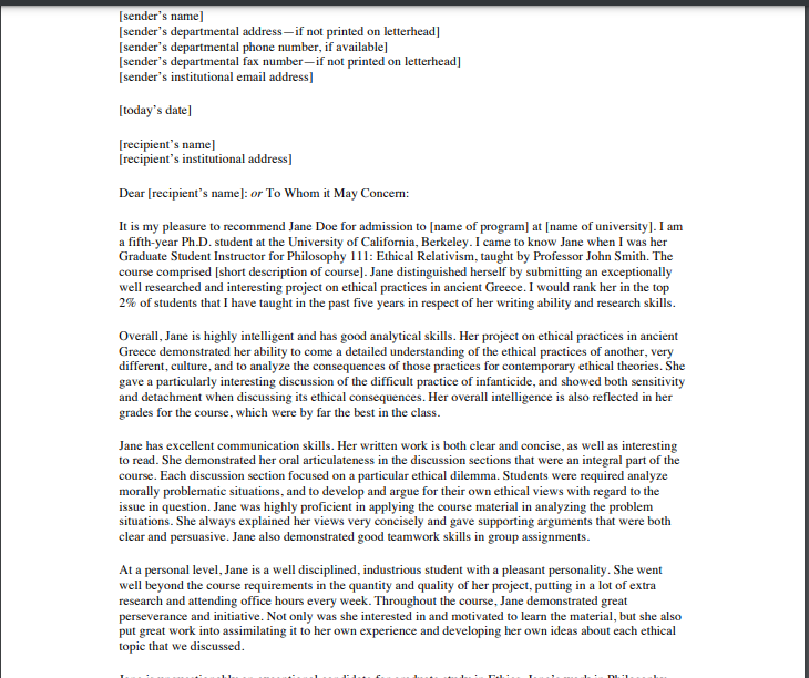 Sample letter of recommendation for graduate school